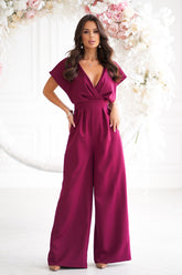 Wide Leg Jumpsuit with V-Neck and Flutter Sleeves Bicotone